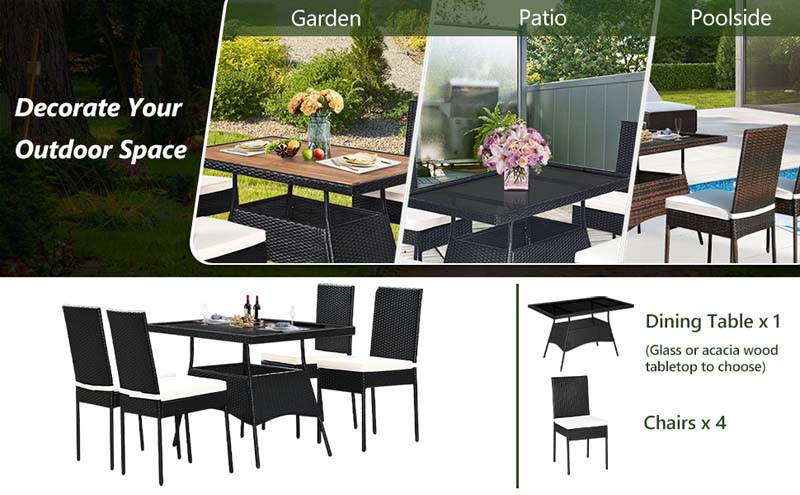 Eletriclife 5 Pieces Patio Rattan Dining Set Table with Wooden Top