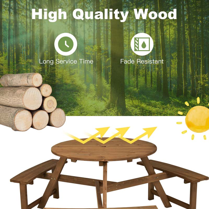 Eletriclife 6-person Round Wooden Picnic Table with Umbrella Hole and 3 Built-in Benches