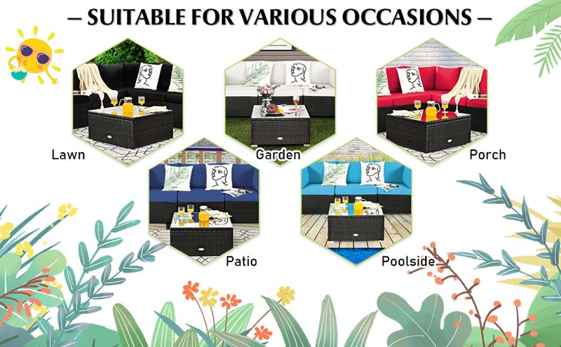 Eletriclife 6 Pcs Patio Rattan Furniture Set with Cushions and Glass Coffee Table