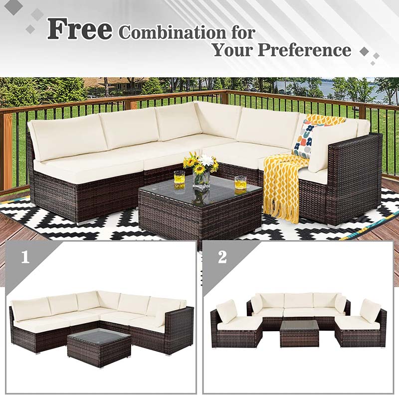 Eletriclife 6 Pcs Patio Rattan Furniture Set with Cushions and Glass Coffee Table