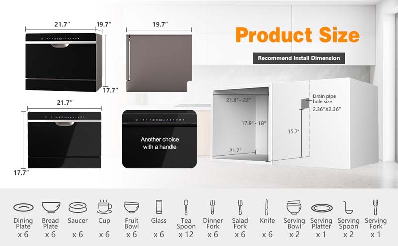 Eletriclife 6 Place Setting Countertop or Built-in Dishwasher without Doorknob