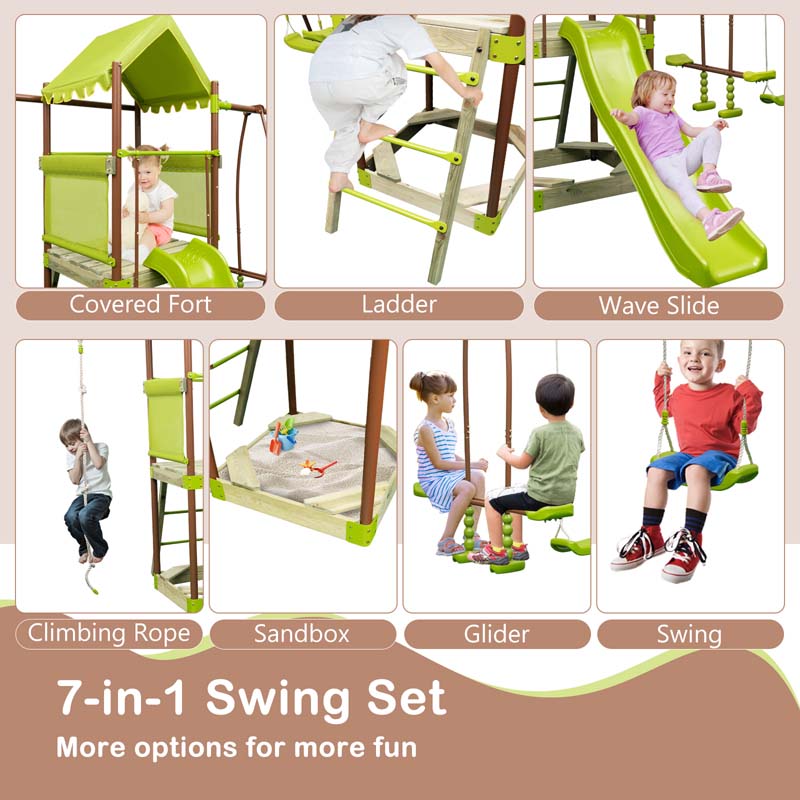 Eletriclife 7-in-1 Kids Outdoor Metal Playset with Wave Slide and Climbing Rope