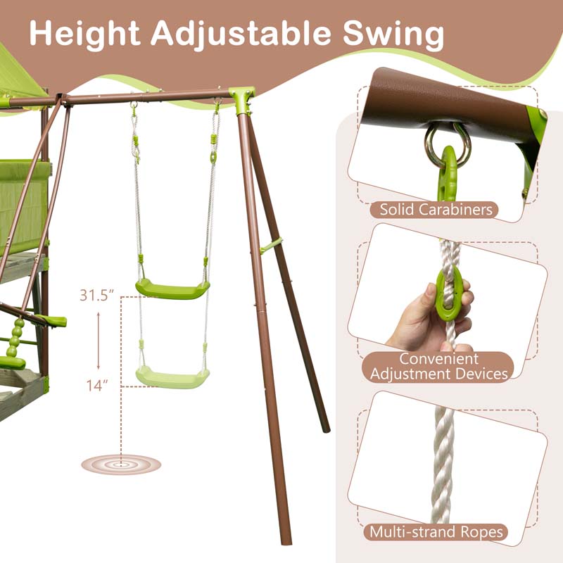 Eletriclife 7-in-1 Kids Outdoor Metal Playset with Wave Slide and Climbing Rope