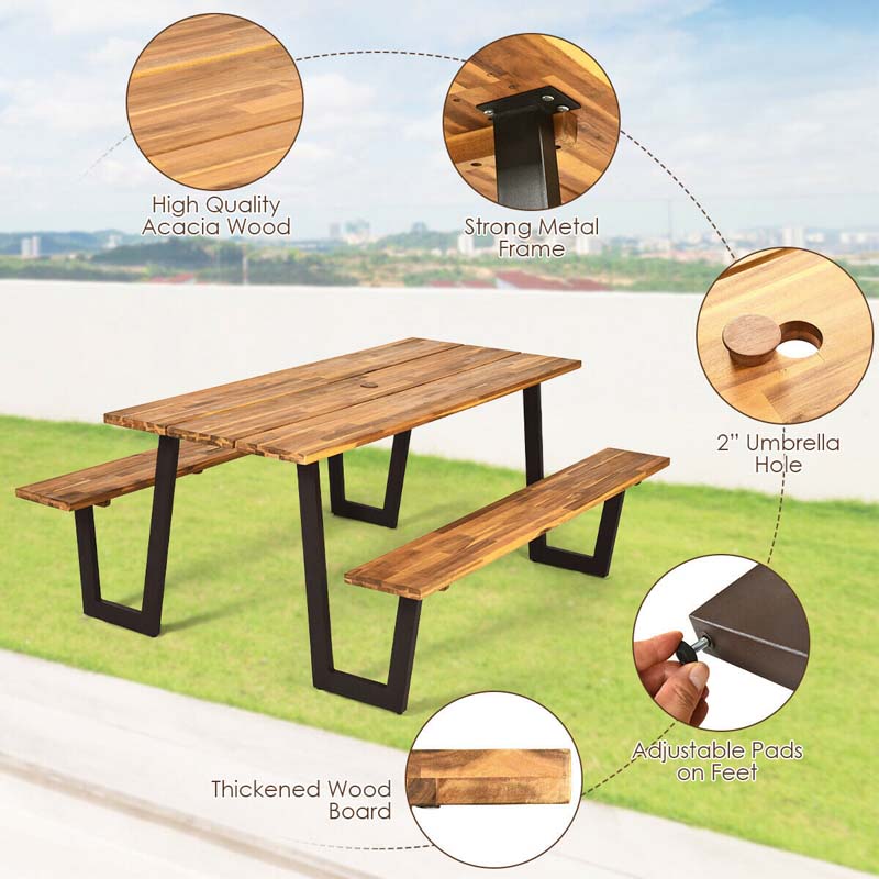 Eletriclife 70 Inch Outdoor Picnic Table Bench Set with Umbrella Hole