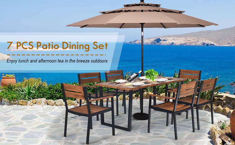 Eletriclife 7 Pcs Acacia Wood Patio Dining Sets with Umbrella Hole