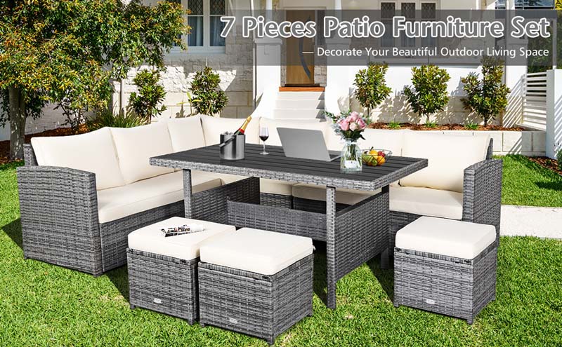 Eletriclife 7 Pcs Patio Rattan Dining Furniture Sectional Sofa Set with Table and Ottoman