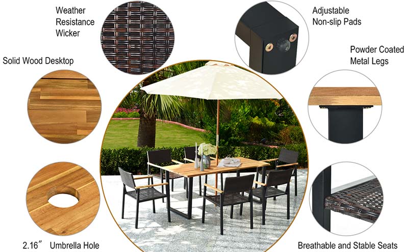 Eletriclife 7 Pcs Outdoor Patio Dining Set with Wooden Table Rattan Chairs