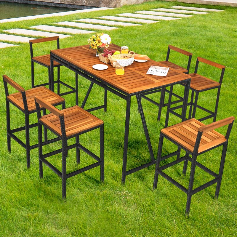 Eletriclife 7 Pieces Acacia Wood Patio Rattan Bar Set with Umbrella Hole