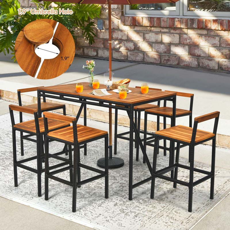 Eletriclife 7 Pieces Acacia Wood Patio Rattan Bar Set with Umbrella Hole