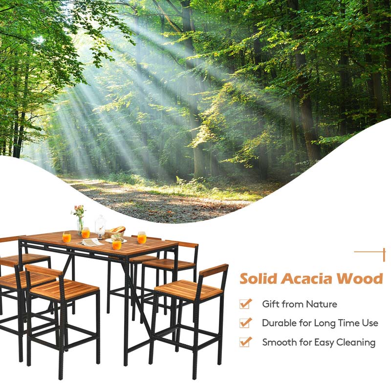 Eletriclife 7 Pieces Acacia Wood Patio Rattan Bar Set with Umbrella Hole