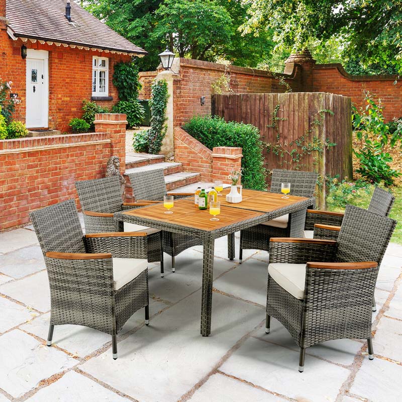 Eletriclife 7 Pieces Patio Acacia Wood Cushioned Rattan Dining Set