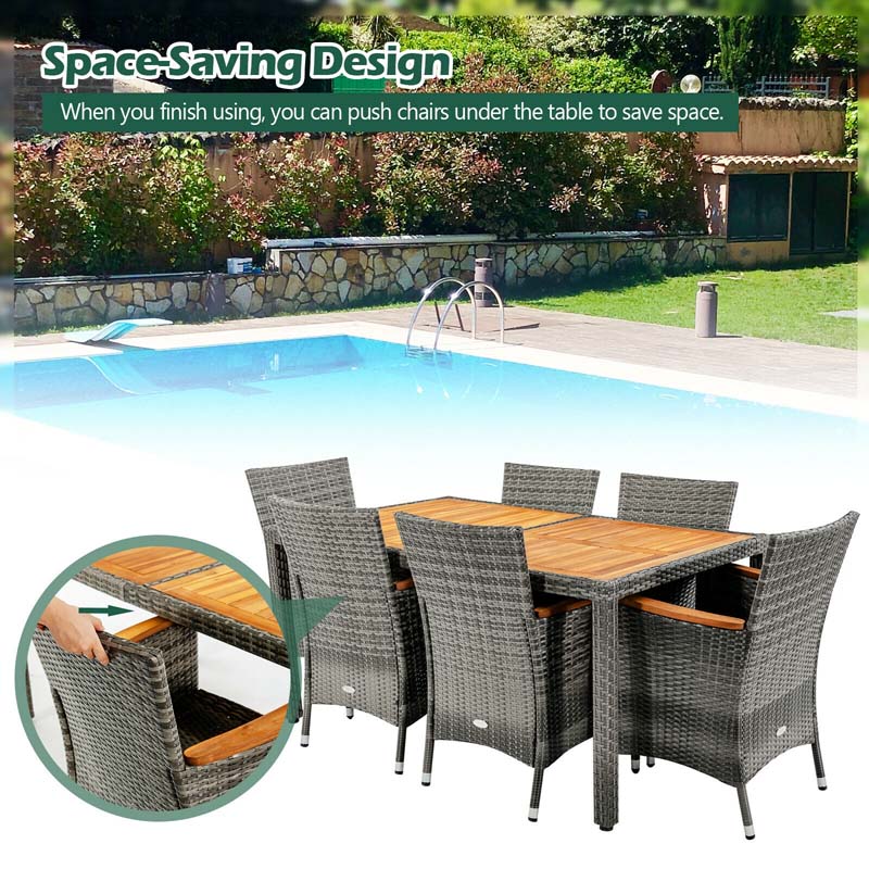 Eletriclife 7 Pieces Patio Acacia Wood Cushioned Rattan Dining Set
