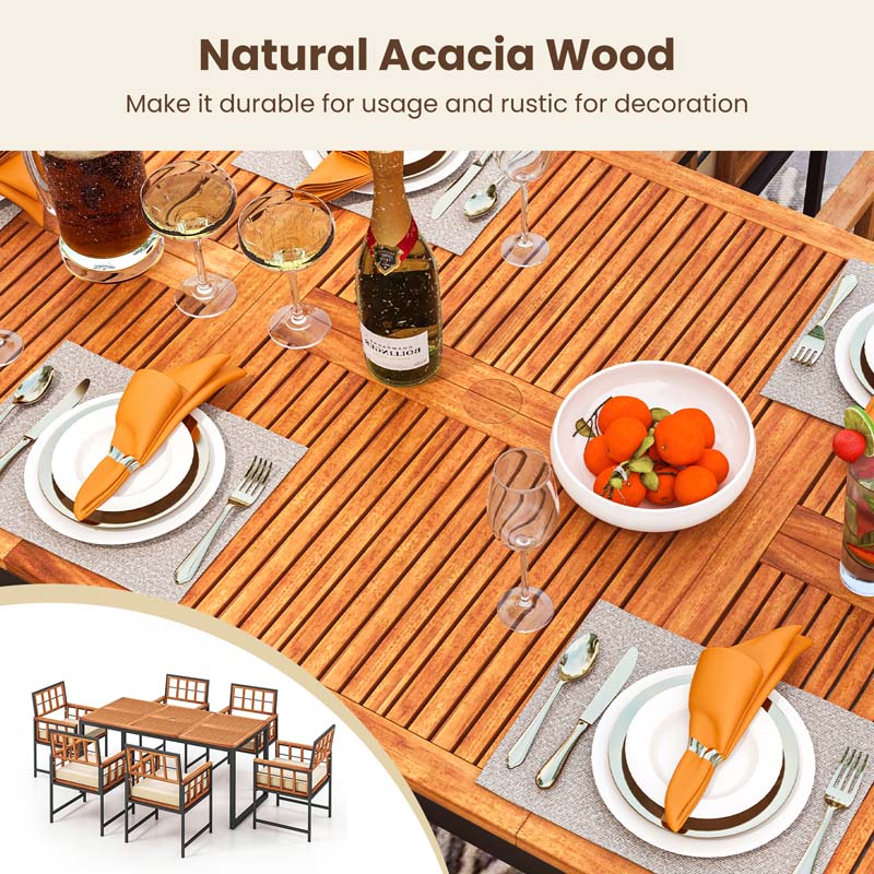 Eletriclife 7 Pieces Patio Acacia Wood Dining Set with Soft Cushions and Umbrella Hole