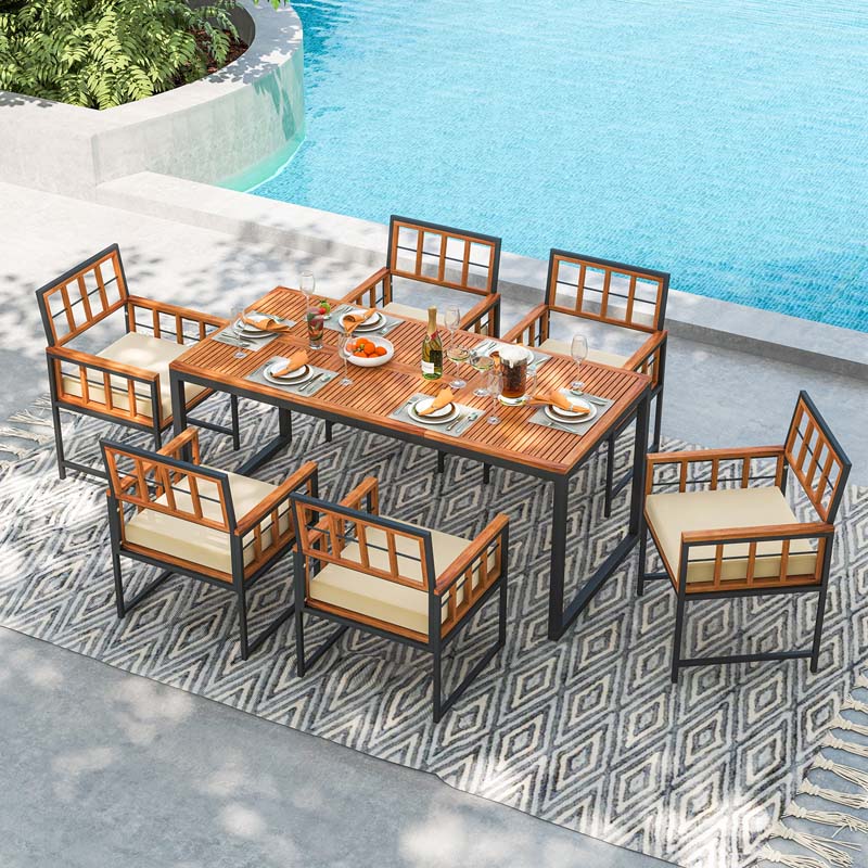 Eletriclife 7 Pieces Patio Acacia Wood Dining Set with Soft Cushions and Umbrella Hole