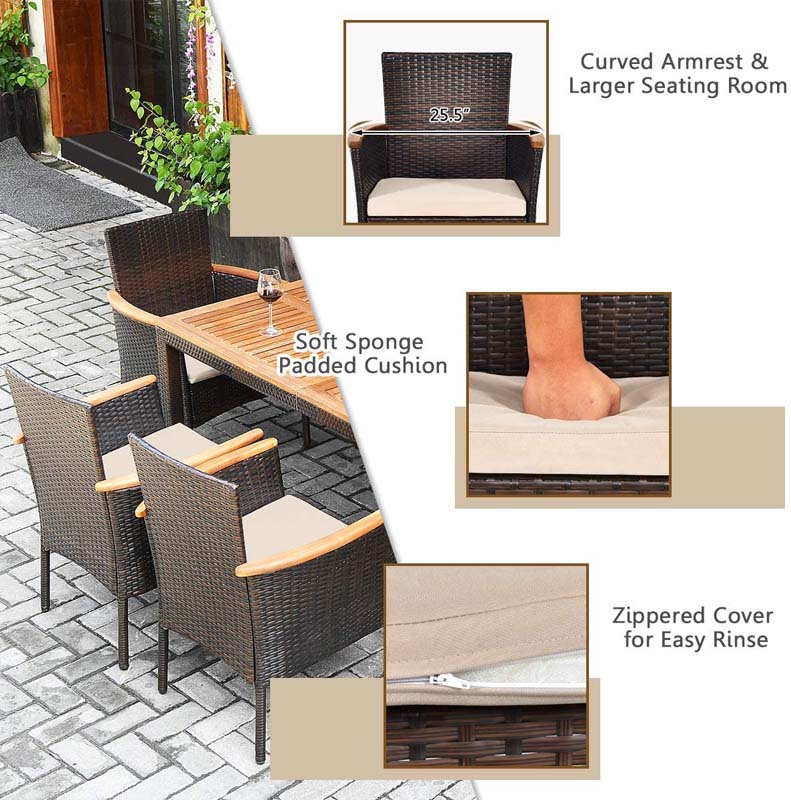 Eletriclife 7 Pieces Patio Rattan Dining Set with Armrest Cushioned Chair and Wooden Tabletop