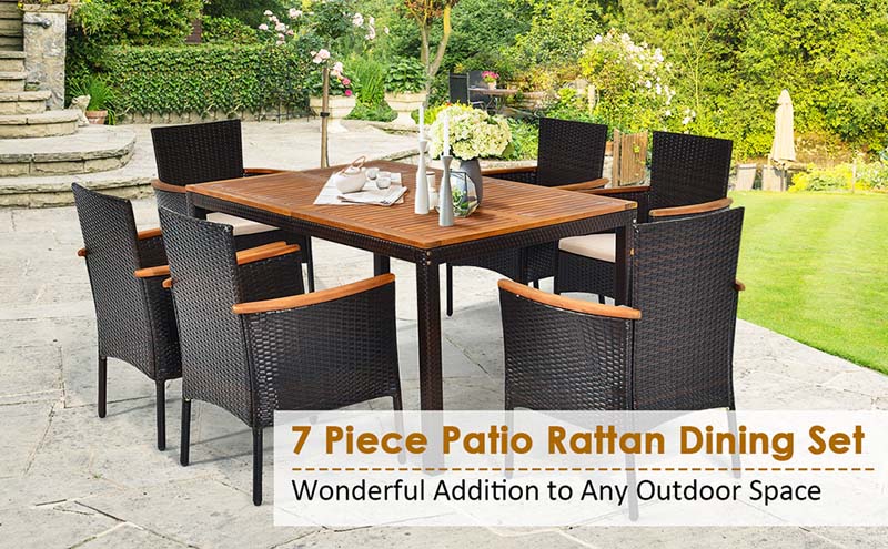 Eletriclife 7 Pieces Patio Rattan Dining Set with Armrest Cushioned Chair and Wooden Tabletop