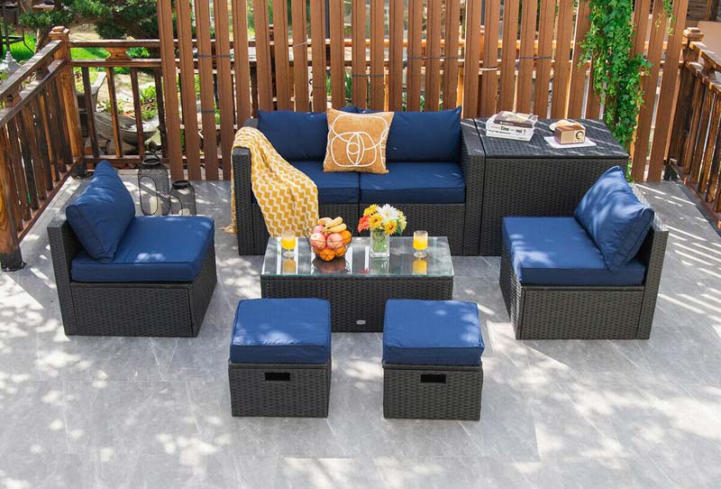 Eletriclife 8 Pcs Rattan Patio Sectional Furniture Set with Storage Box Navy