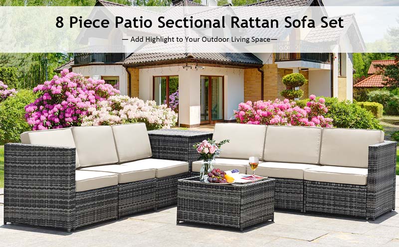 Eletriclife 8 pcs Rattan Patio Furniture with Storage Table