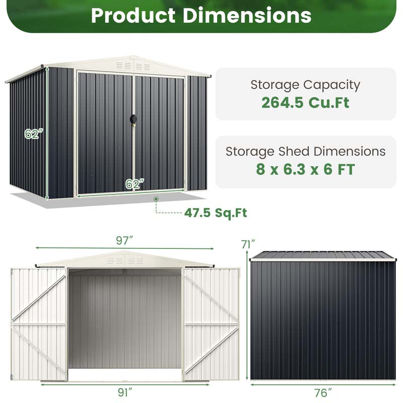 Eletriclife 8 x 6.3 FT Metal Outdoor Storage Shed with Lockable Door