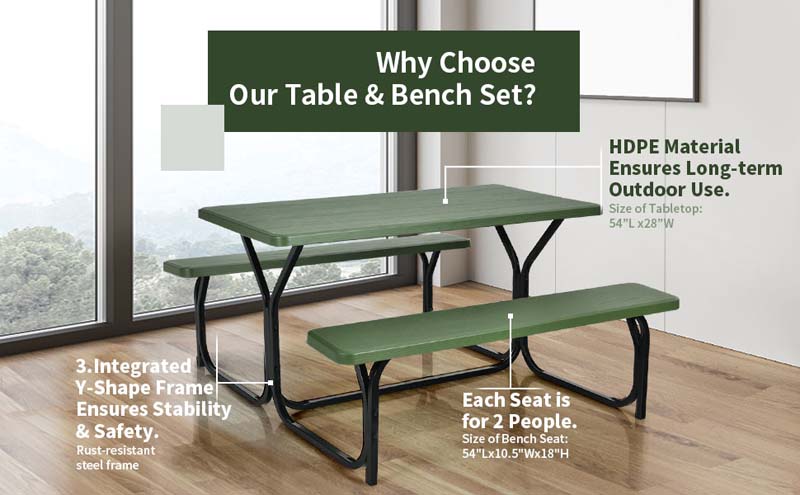 Eletriclife All Weather Outdoor Picnic Table Bench Set with Metal Base Wood