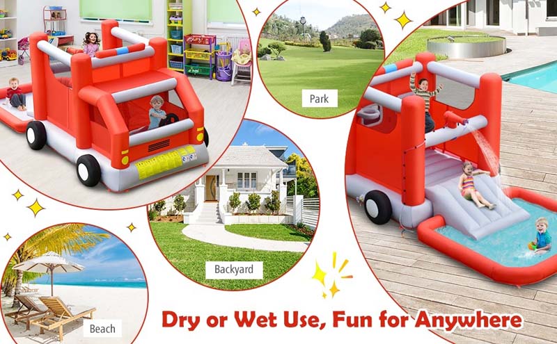 Eletriclife Fire Truck Themed Kids Inflatable Castle Water Park without Blower