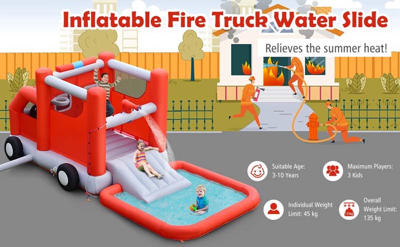 Eletriclife Fire Truck Themed Kids Inflatable Castle Water Park without Blower