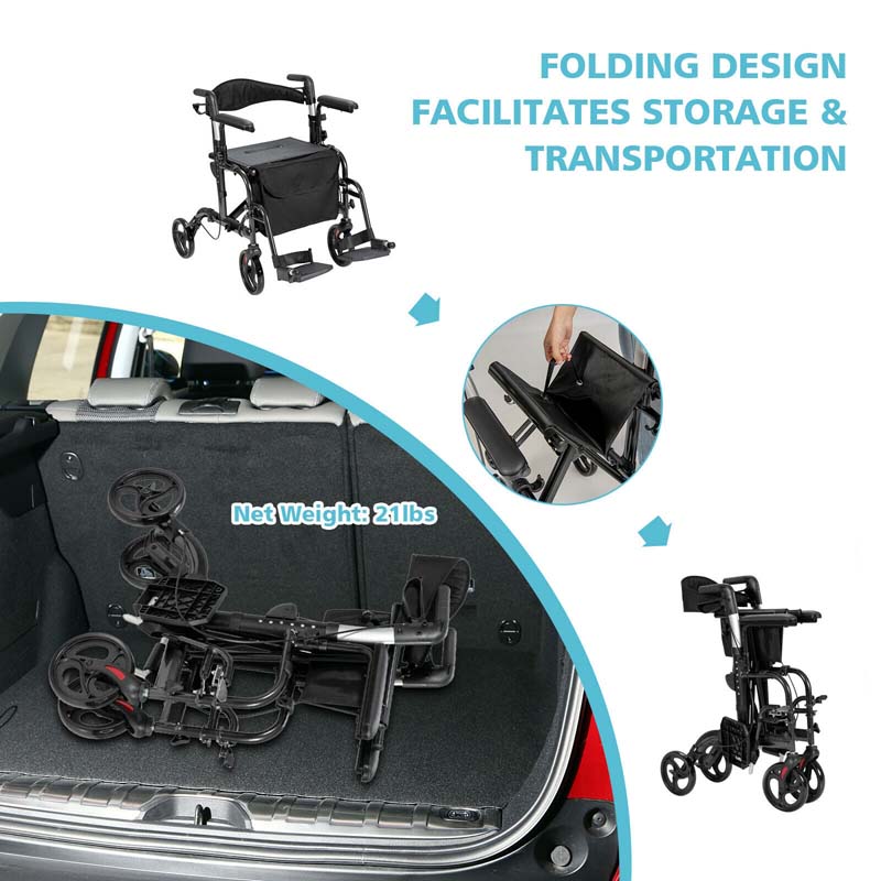 Chairliving 2 in 1 Folding Rollator Walker 4 Wheel Medical Walker Mobility Walking Aid Rolling Wheelchair with Height-Adjustable Handle