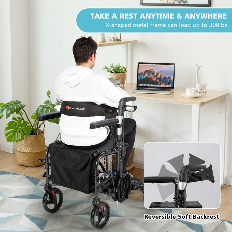 Chairliving 2 in 1 Folding Rollator Walker 4 Wheel Medical Walker Mobility Walking Aid Rolling Wheelchair with Height-Adjustable Handle