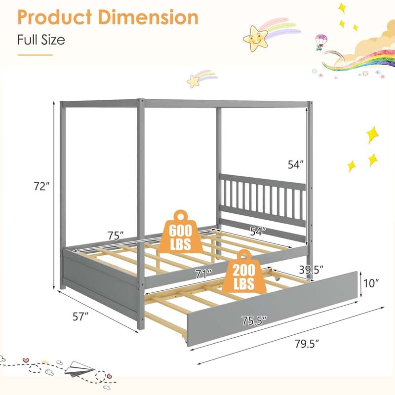 Eletriclife Full Size Canopy Bed with Trundle Wooden Platform Bed Frame Headboard