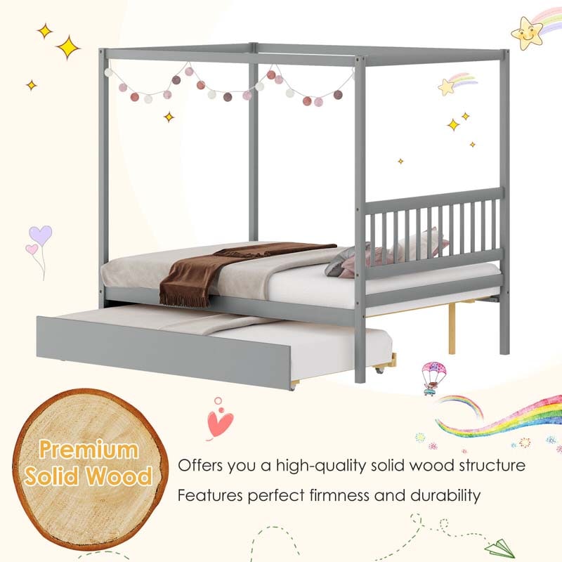 Eletriclife Full Size Canopy Bed with Trundle Wooden Platform Bed Frame Headboard