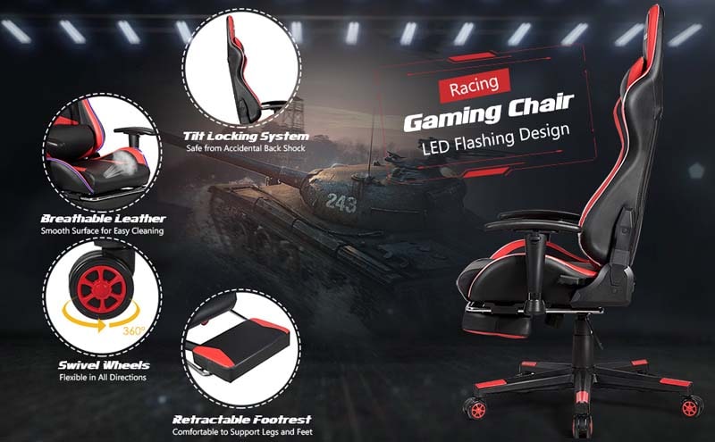 Eletriclife Massage LED Gaming Chair with Lumbar Support and Footrest