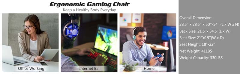 Eletriclife Massage LED Gaming Chair with Lumbar Support and Footrest