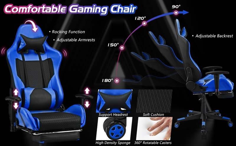 Eletriclife PU Leather Racing Chair with USB Massage Lumbar Pillow and Footrest
