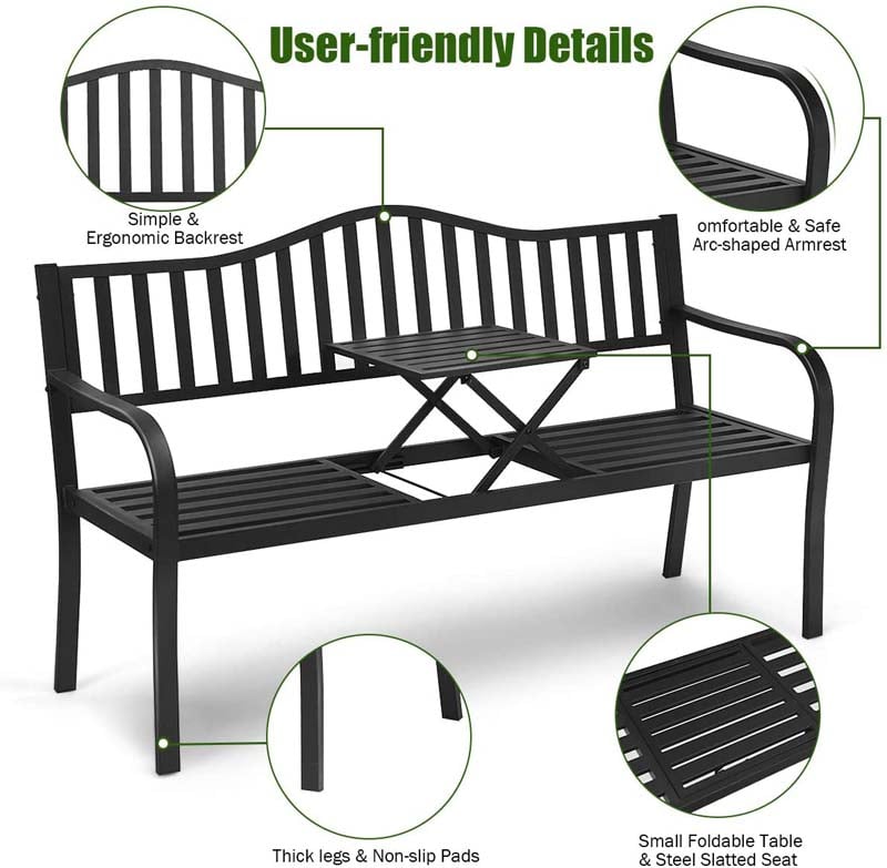 Eletriclife Patio Garden Bench Steel Frame with Adjustable Center Table