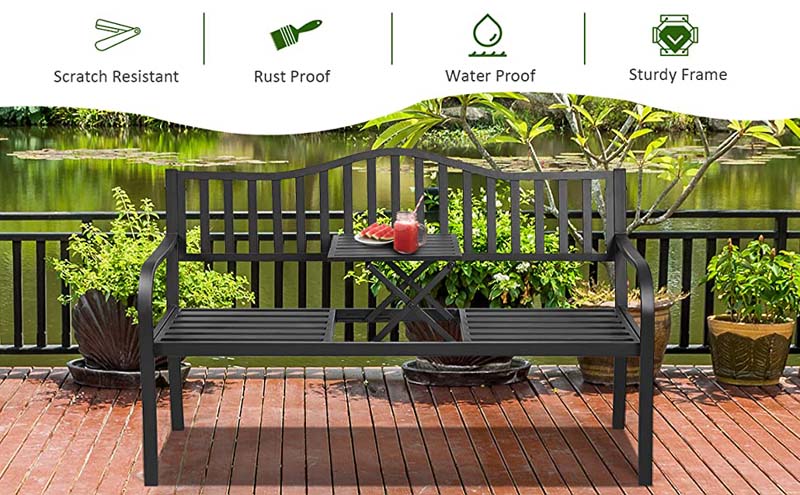 Eletriclife Patio Garden Bench Steel Frame with Adjustable Center Table