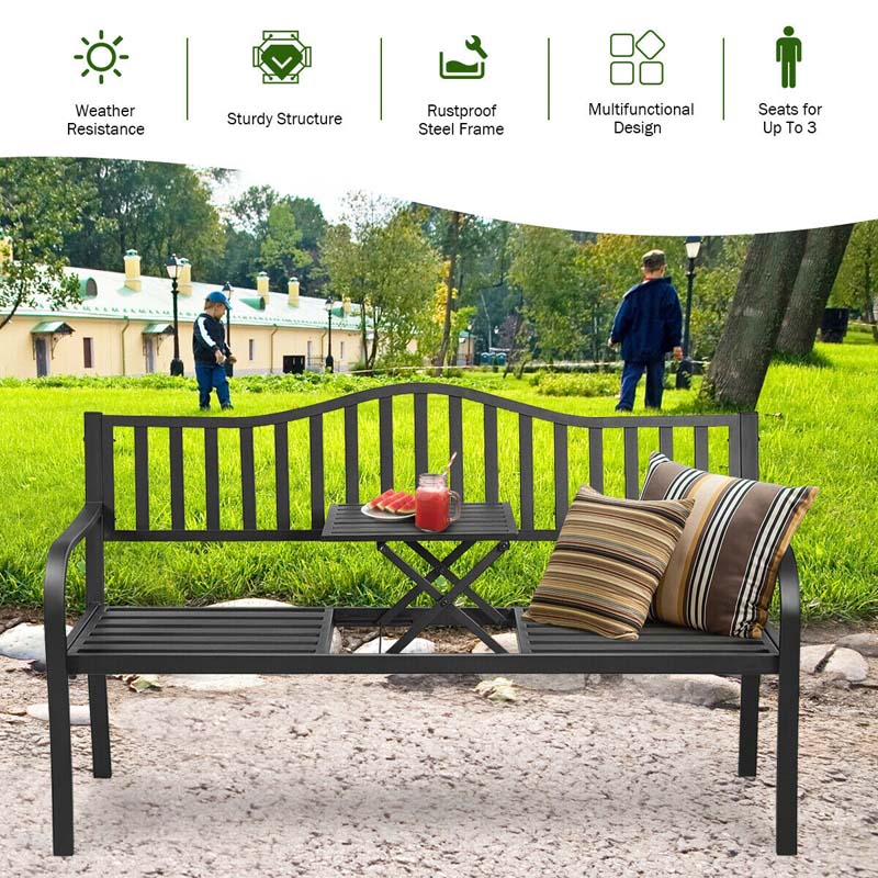 Eletriclife Patio Garden Bench Steel Frame with Adjustable Center Table