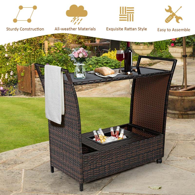 Eletriclife Patio Rattan Bar Serving Cart with Glass Top and Handle
