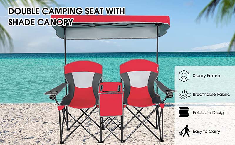 Eletriclife Double Sunshade Folding Camping Canopy Chairs with Cup Holder