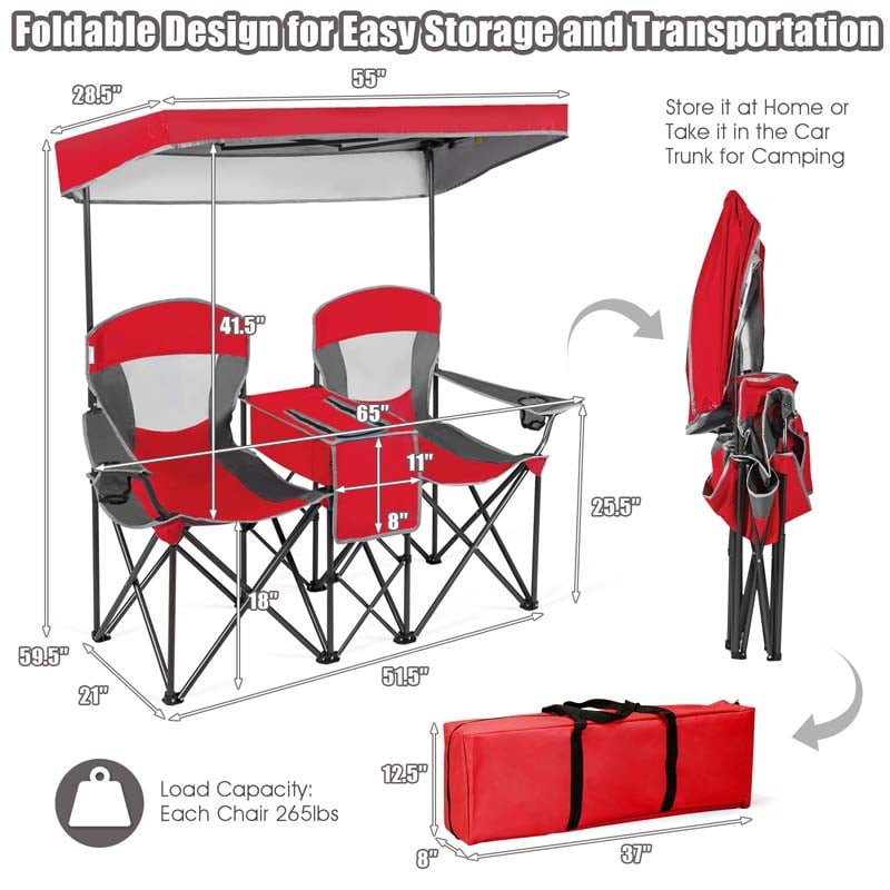 Eletriclife Double Sunshade Folding Camping Canopy Chairs with Cup Holder