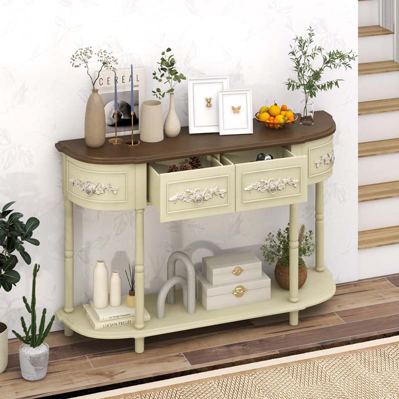 Eletriclife Retro Curved Console Table with Drawers and Solid Wood Legs