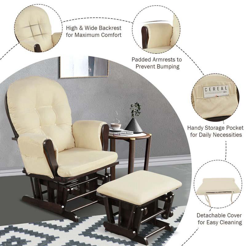 Eletriclife Solid Wood Gliding Chair Set with Pockets and Ottoman