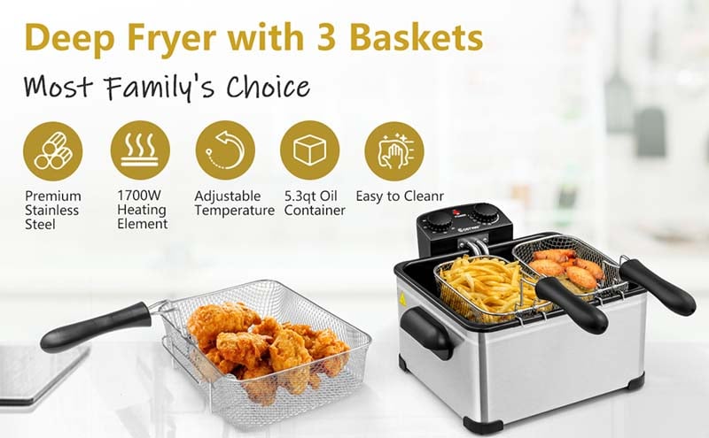 Eletriclife Stainless Steel Deep Fryer 5.3QT 1700W with Triple Basket
