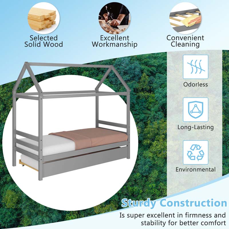 Eletriclife Twin House Bed Frame with Trundle Roof Wooden Platform Mattress Foundation