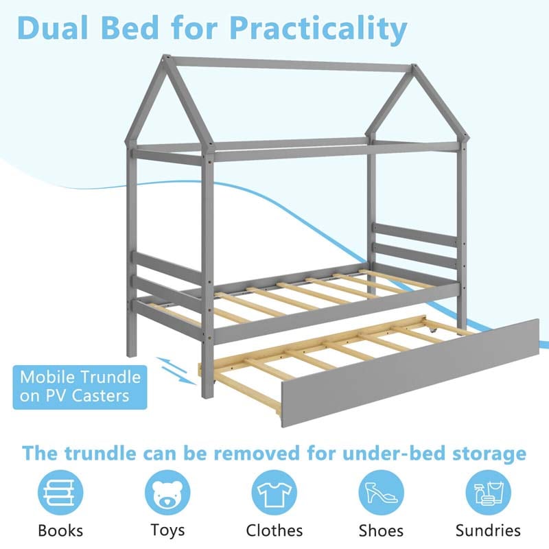 Eletriclife Twin House Bed Frame with Trundle Roof Wooden Platform Mattress Foundation