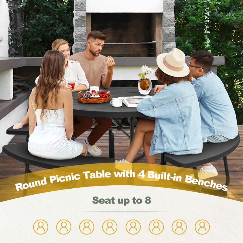 Eletriclife Outdoor Round Picnic Table with 4 Built-in Benches and Umbrella Hole