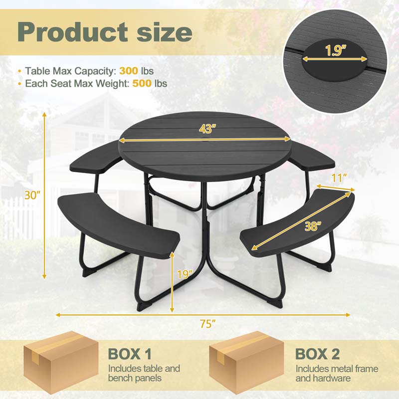 Eletriclife Outdoor Round Picnic Table with 4 Built-in Benches and Umbrella Hole