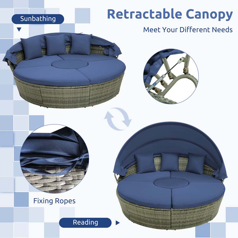 Eletriclife Outdoor PE Wicker Round Daybed with Retractable Canopy and Cushions