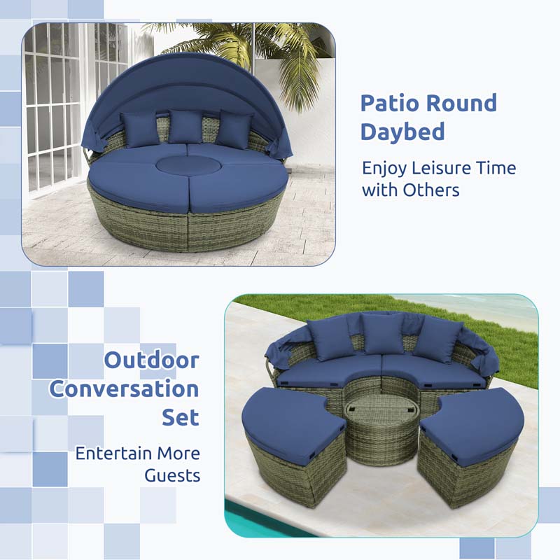 Eletriclife Outdoor PE Wicker Round Daybed with Retractable Canopy and Cushions