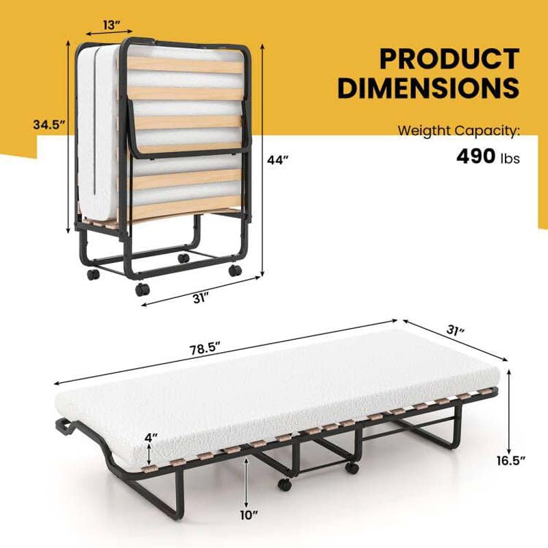 Eletriclife Twin Size Folding Bed with Foam Mattress and Lockable Wheels