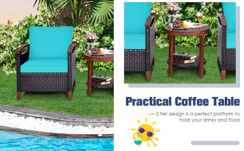 Eletriclife 3 Pieces Solid Wood Frame Patio Rattan Furniture Set